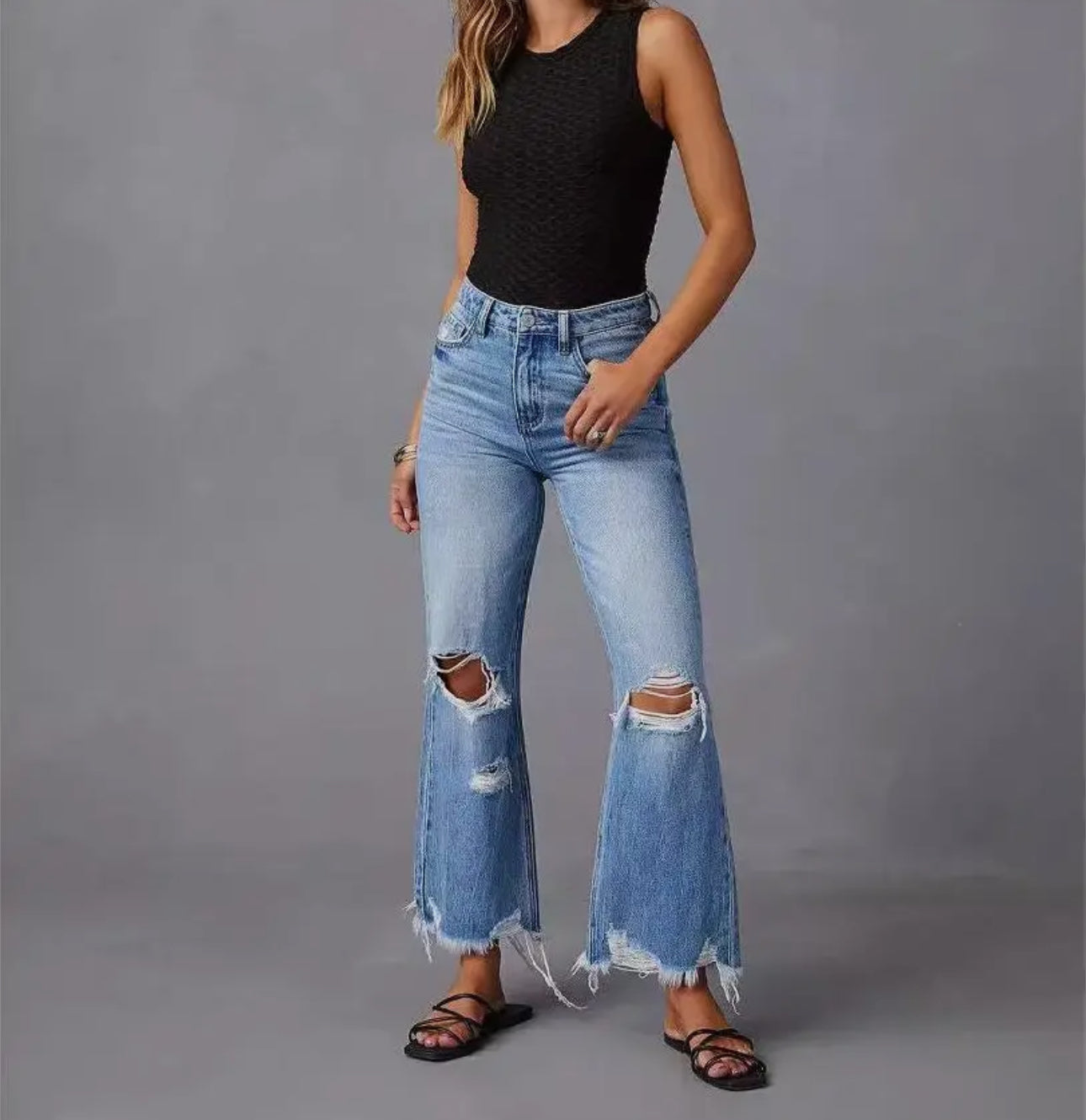 Distressed flare jeans