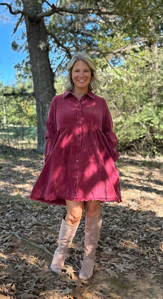 Burgundy Corduroy Babydoll Dress